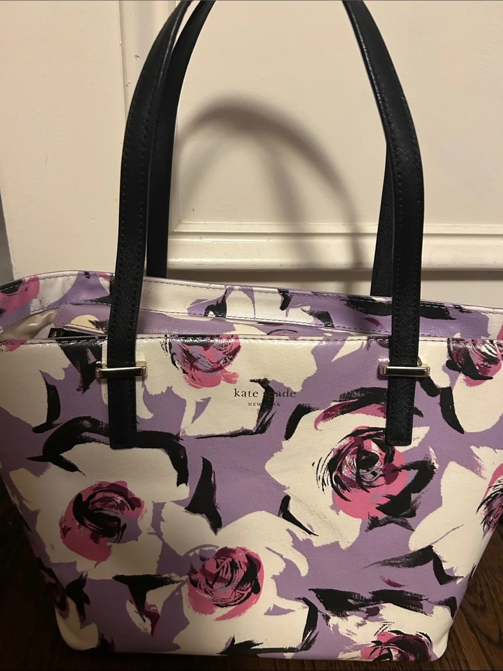 kate spade Lavender and Pink Floral Tote with Black Handles
